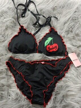 Juicy Couture Black Bikini with Red Trim and Cherry Patch